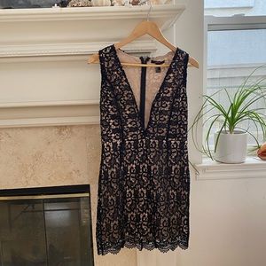 Black lace minidress deep v neckline sleeveless, nude lining, Forever 21 brand